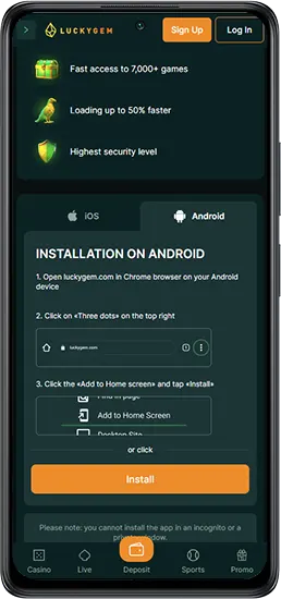 Installatie-instructies voor de Luckygem Casino-app